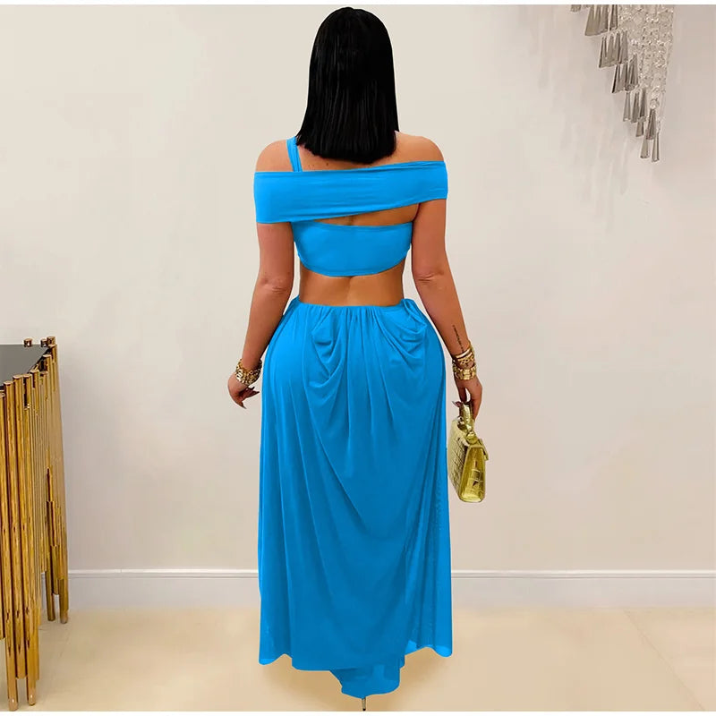 Sexy Beach Long Dress Women Hollow Out Backless Fold A Line Vestidos Female 2025 Summer Fashion Chic Solid High Waist Dresses