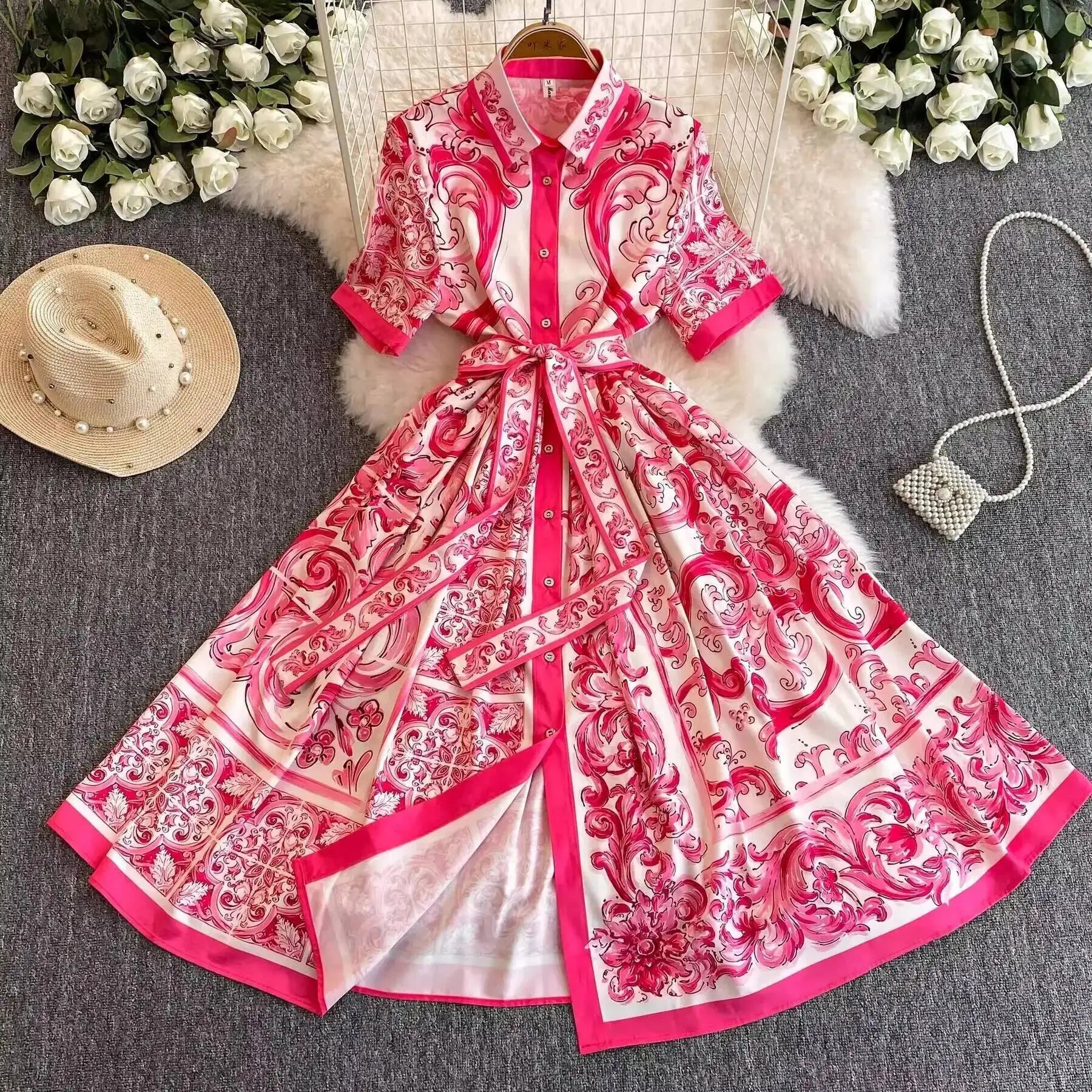 Fashion Summer Floral Long Dress Women Purple Porcelain Print Midi Dresses Shirt Single Breasted Office Lady Work Holiday Runway