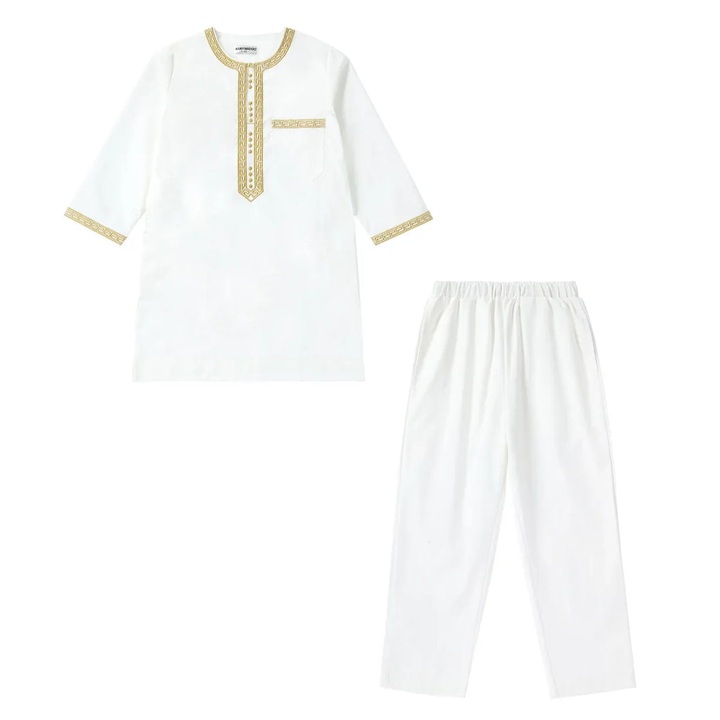 Muslim Children Robe 2 Pieces Set Kids Boy Round Neck Long Sleeve Printed Dress Shirt Abaya Kaftan Jubba Thobe Islamic Clothing