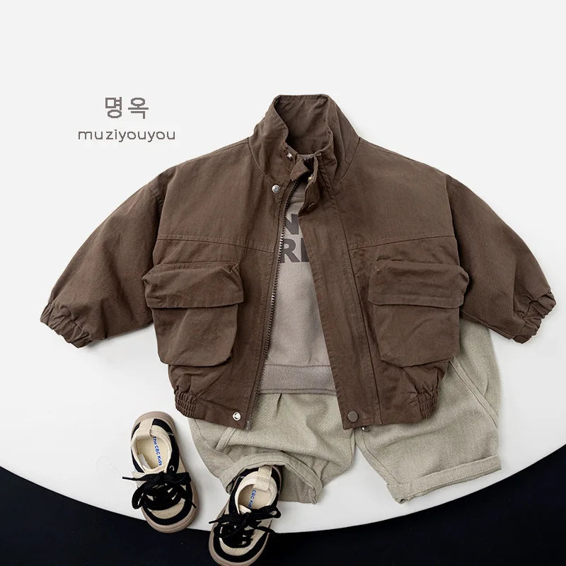 2026 Autumn New Children Casual Coat Girls Zipper Jacket Solid Baby Loose Outerwear Cotton Boys Work Coat Kids Clothes