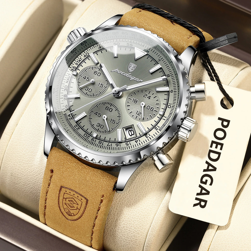 POEDAGAR Luxury Business Men's Watch Waterproof Luminous Date Chronograph Leather Man Clock Fashion Quartz Watches For Men Reloj
