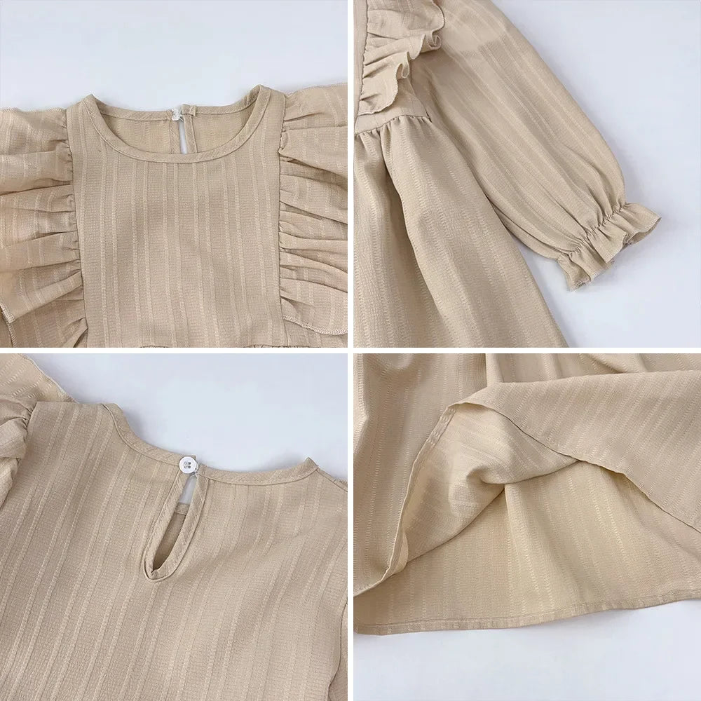 Autumn Kids Dresses for Girls Round Neck Long Sleeved Pleated Edge Solid Color Dress Kids Clothes Children's Daily Casual Wear