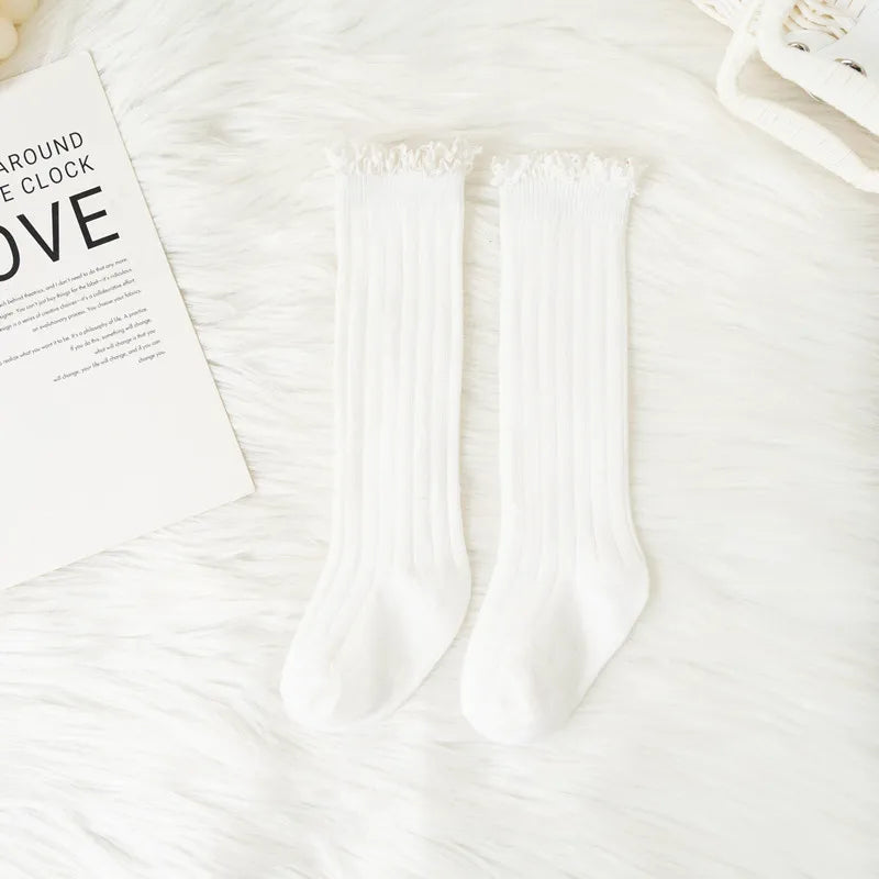 Ruffle Kids Knee High Socks Baby Girls Toddlers Long Soft Cotton Sock Lace Flower Children Princess Uniform Socks For 0-8Years