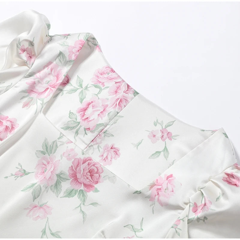 Women Dress Floral Print Satin Choker Neck Puff Sleeve Peplum Waist Maxi Dresses Elegant Vintage Beach Party Bodycon For Ladies
