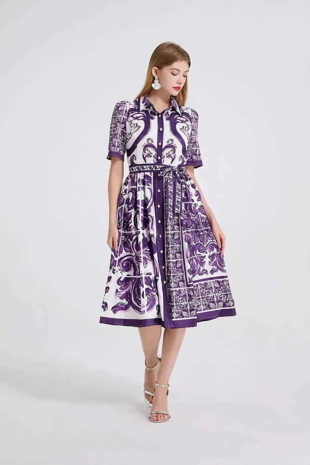 Fashion Summer Floral Long Dress Women Purple Porcelain Print Midi Dresses Shirt Single Breasted Office Lady Work Holiday Runway
