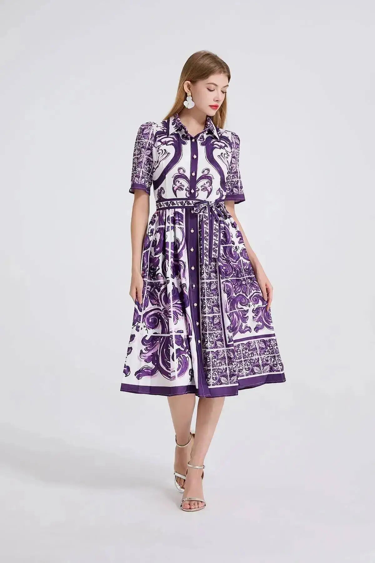 Fashion Summer Floral Long Dress Women Purple Porcelain Print Midi Dresses Shirt Single Breasted Office Lady Work Holiday Runway