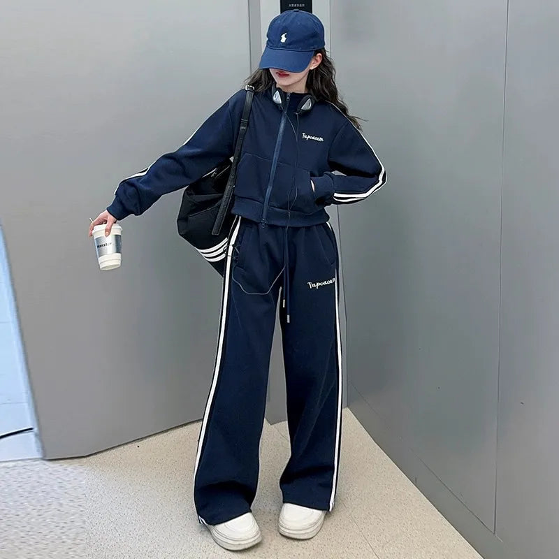 2026 autumn girls Clothes Children Suit Teenager zipped jacket Narrow crop top + wide leg high waist pants 4 5 8 10 11 12 year
