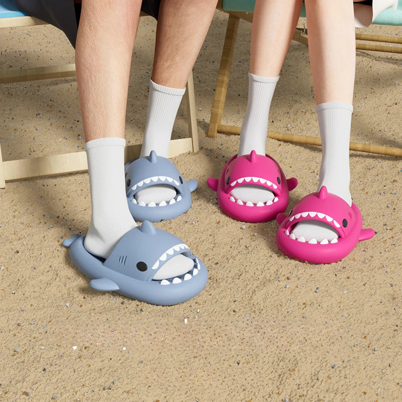 4cm Thick Sole Shark Slippers Women Men Indoor Bathroom Slides Cute Cartoon 2024 Summer Shoes Female Male Street Beach Sandals