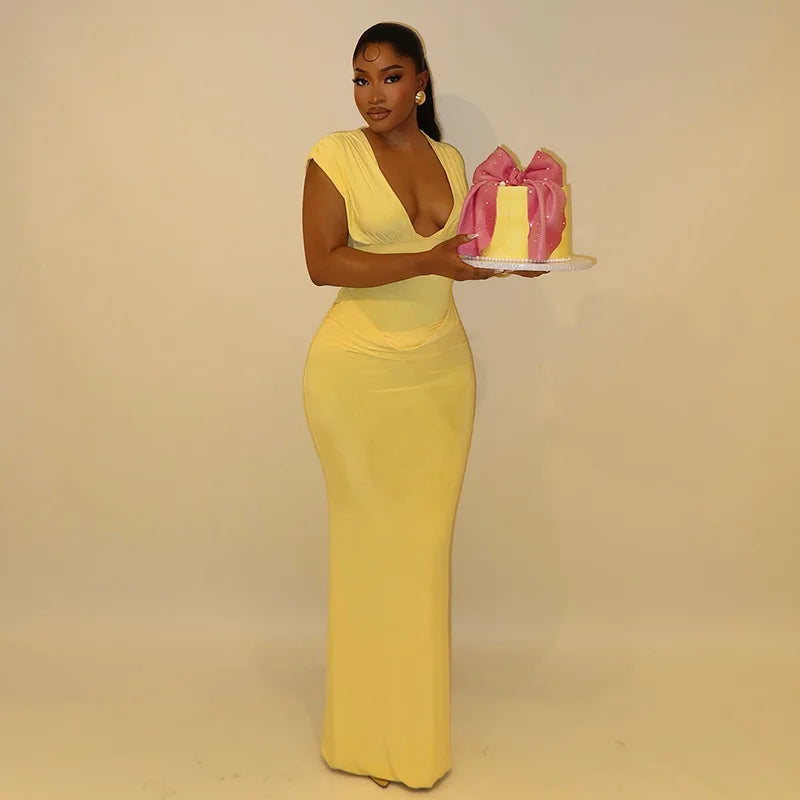 CHNMR Sexy Ruched Bodycon Maxi Dress Women Solid Sleeveless V-Neck Slim Long Dresses Female Party Evening Clubwaer Evening 2026