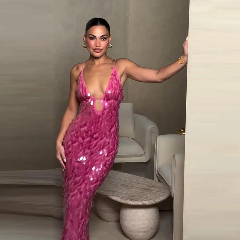Sexy Sequined Women's Dress Hollow Out Backless V-Neck Slip Top Lady Long Dresses 2026 Spring Summer Female Holiday Robe New