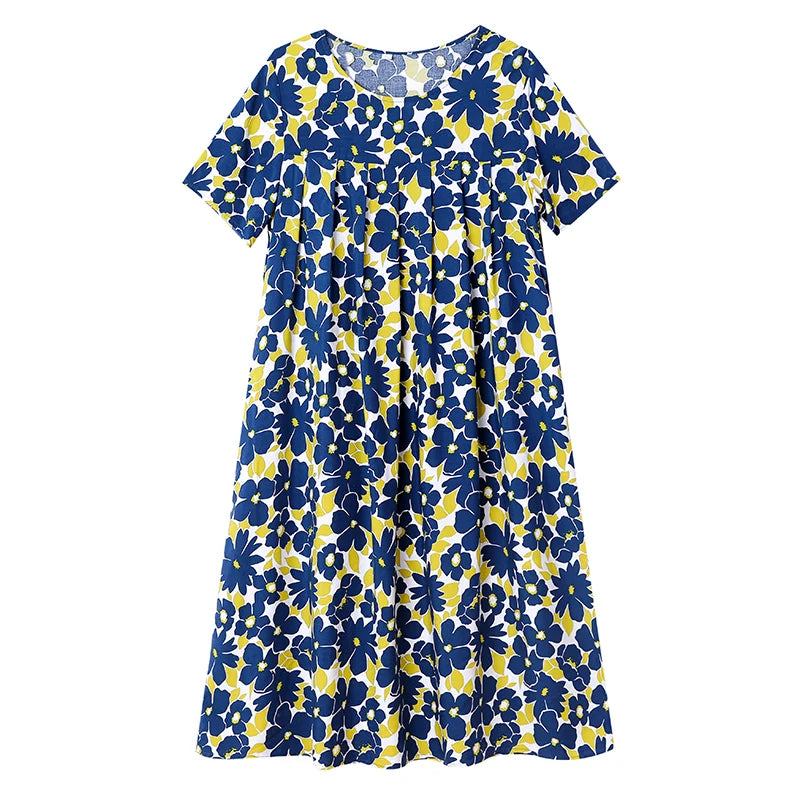 New Casual Fashion 2025 Summer Dress For Women Floral Printing Short Sleeve Elegant Vintage O-Neck Dresses Women Clothing