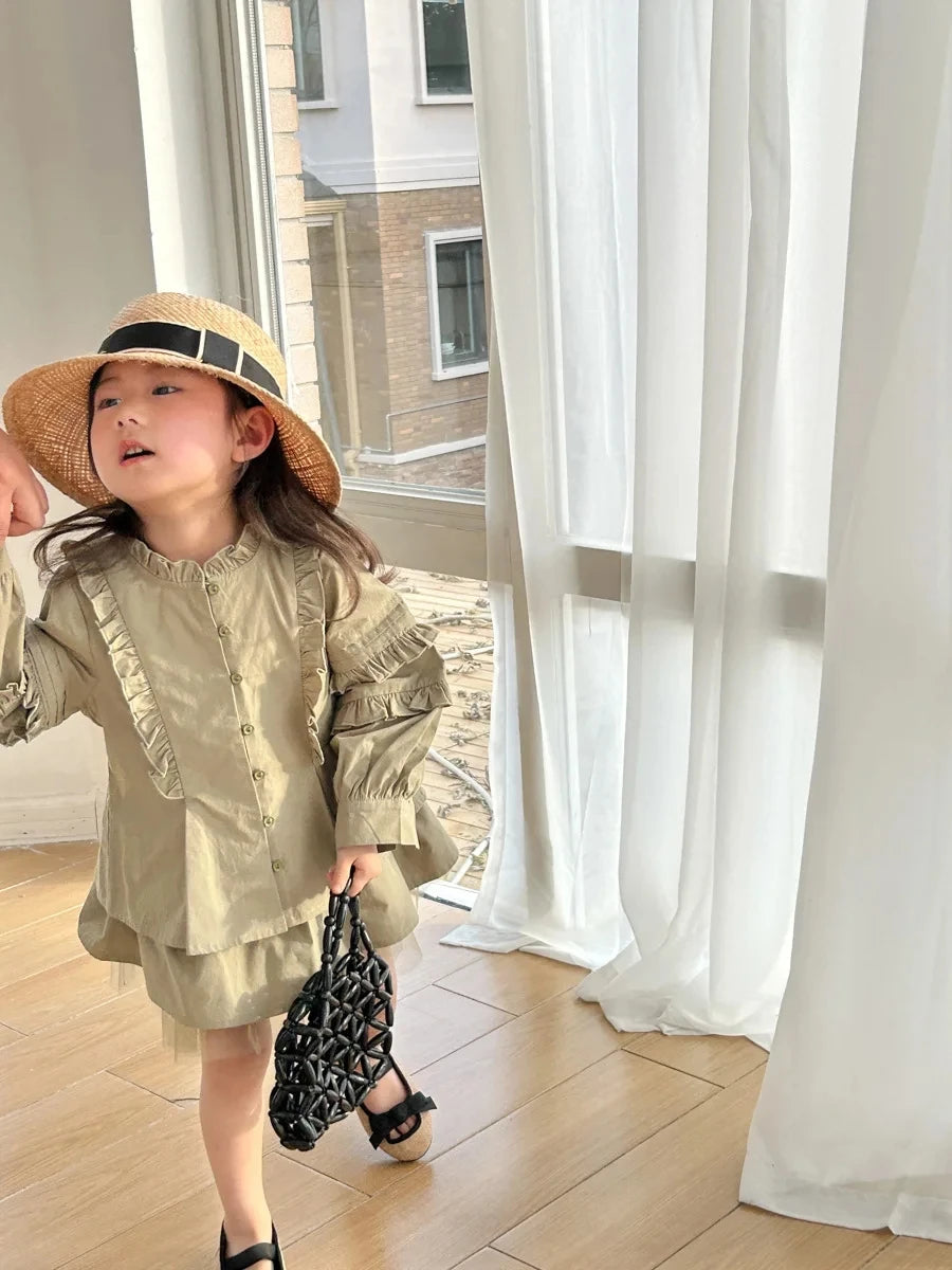 Children Clothing 2024 Spring New Retro Korean Style Shirt Set Girls Small Stand Collar Lace Shirt Culottes Sweet Two-piece Set
