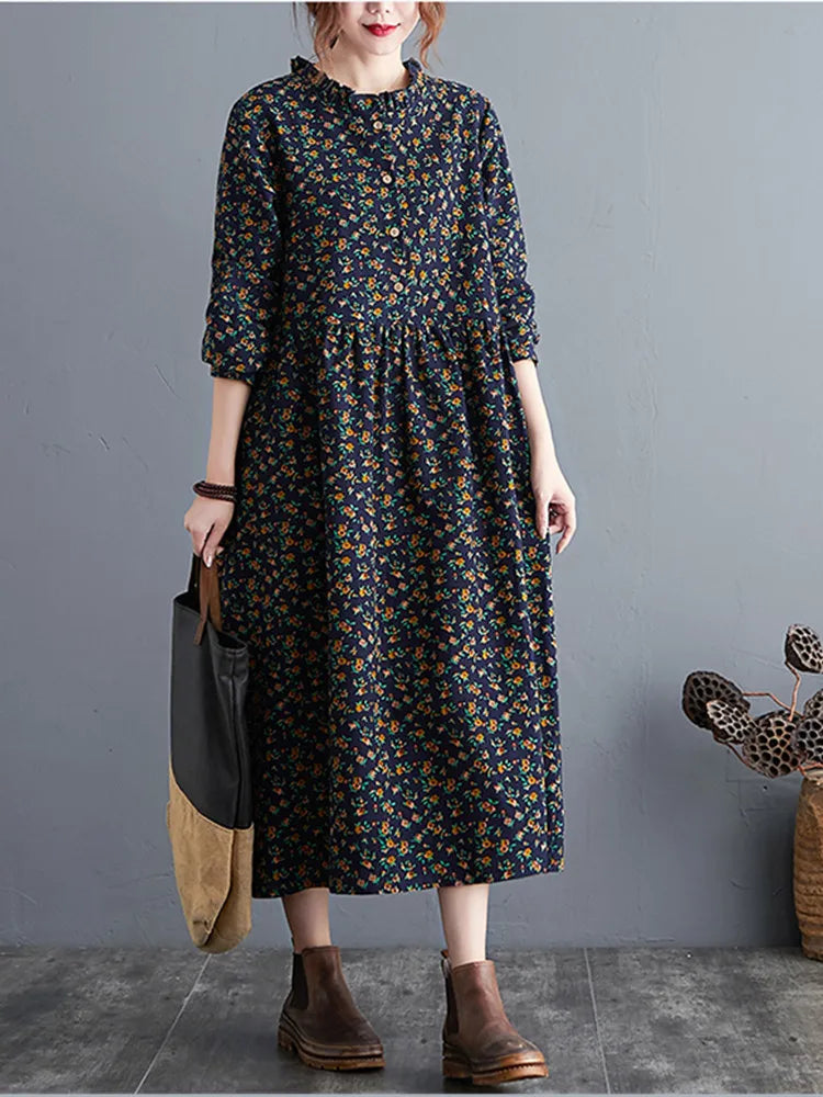 long sleeve cotton linen ruffle vintage floral new in dresses for women casual loose spring autumn dress elegant clothing 2026