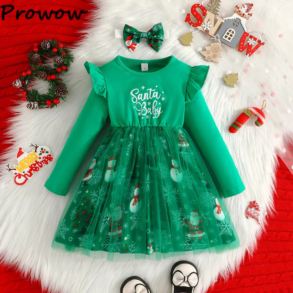 4-7Y Kids Christmas Dresses For Girls Bow Green Xmas Tree Hoodies Dress For New Year Kids Girl Evening Dress Festival Clothing