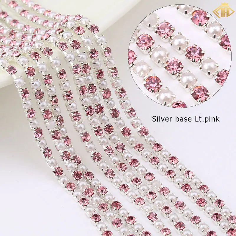 2Yards Pearl Rhinestones Copper Chain Silver/Gold Base Crystal Strass Gems Trim For DIY Sewing Clothes Dresses Accessories