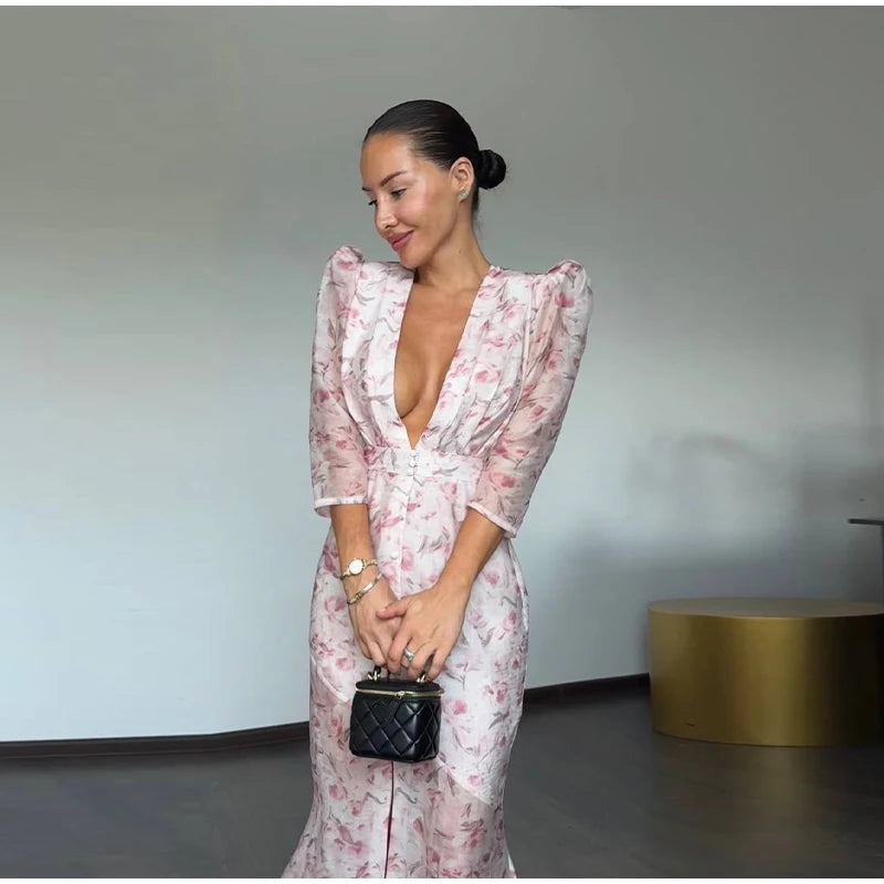 Floral Print Sheer Chiffon Dress Deep V-neck Single Breasted Split Bodycon Mermaid Gown 2026 Summer Chic Elegant Party Dresses