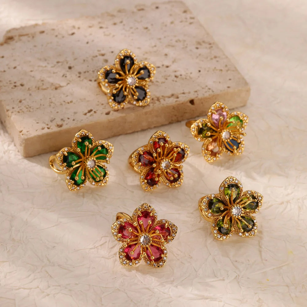 Colorful Zircon Flower Rings For Women Gold Color Stainless Steel Floral Ring Elegant Luxury Wedding Aesthetic Jewelry Gift