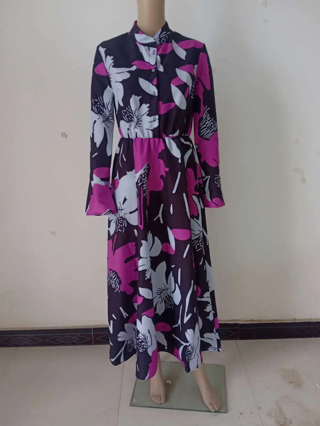 Retro Print Large Maxi Dress Women's Fashion Elegant Office Women's Long Dresses Spring Autumn Casual Long-sleeve Slim Vestidos