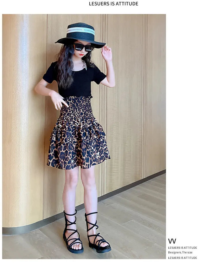 Summer Young Girls Clothes Two Ways To Wear Leopard Print Skirt One-Piece Tube Dress Fashion Children Streetwear Strapless Dress