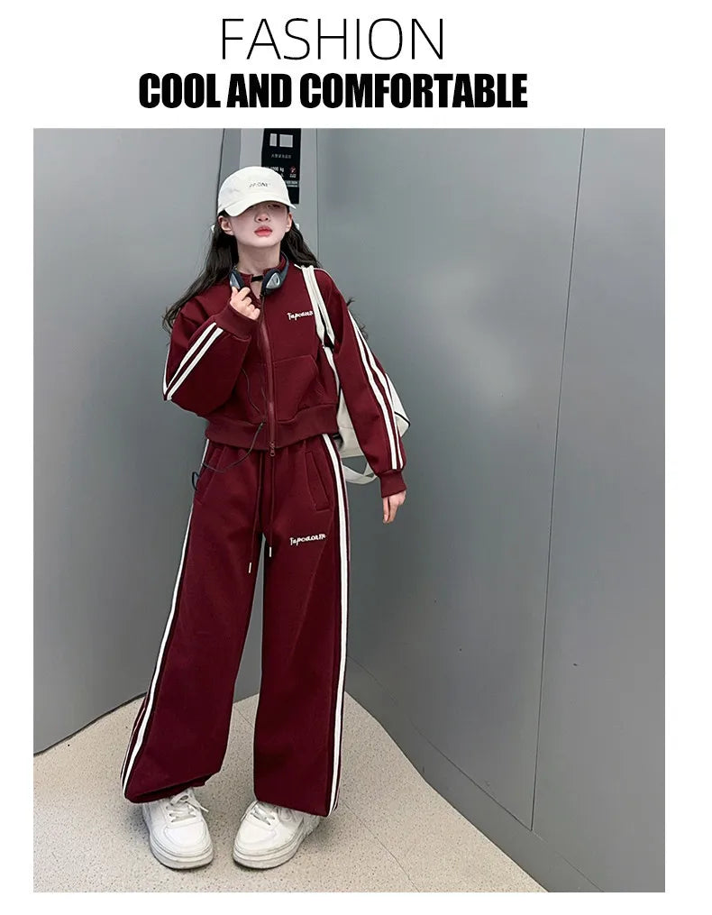 2026 autumn girls Clothes Children Suit Teenager zipped jacket Narrow crop top + wide leg high waist pants 4 5 8 10 11 12 year