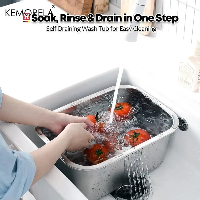 10L Portable Stainless Steel Washing-up Bowl Large Multipurpose Dish Tub Vegetable Washing Basin Kitchen Sink Organizer