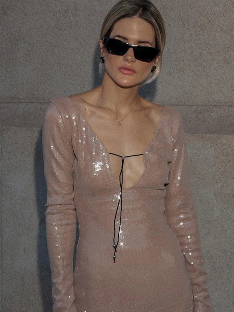 Sequin Lace Up Backless Long Dresses Deep V Flash Sparkling Sexy Long Sleeve Temperament Leakback Champagne Women Evening Dress