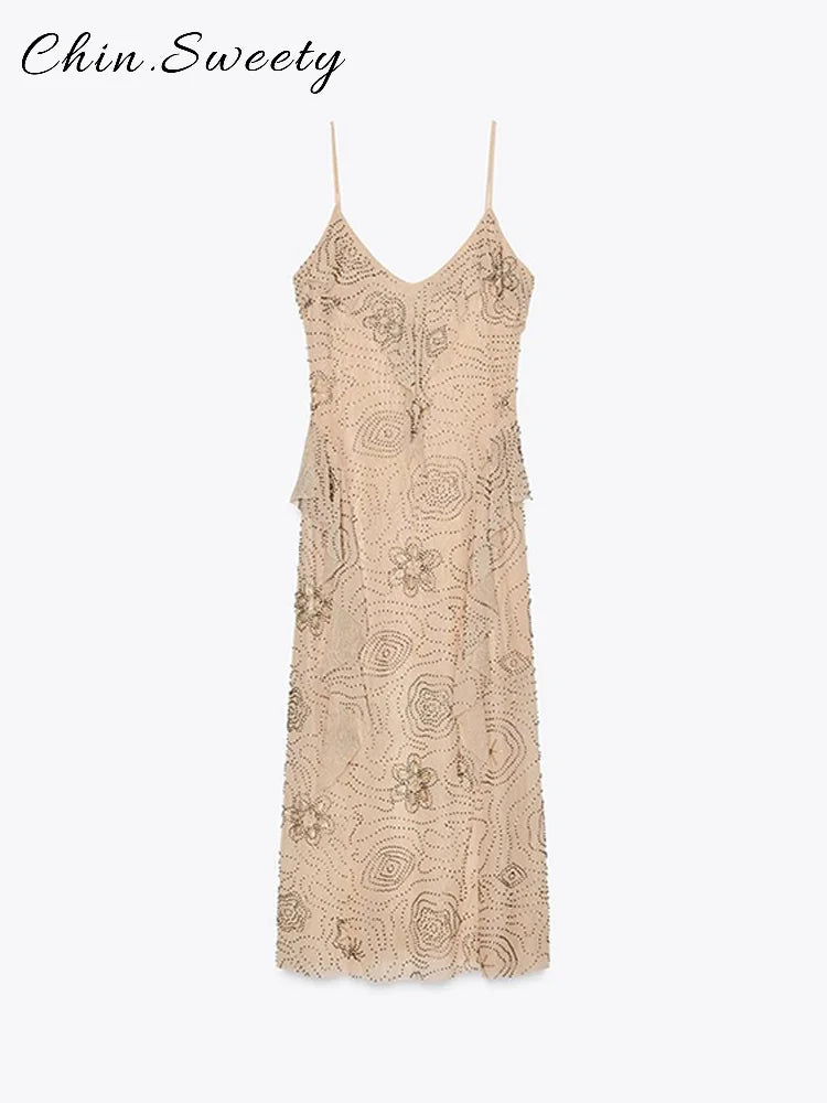 Sexy Beading Sequined Sling Long Dress Women Loose Solid V-neck Sleeveless Ruffled Shiny Dresses 2025 Summer Lady Evening Robes