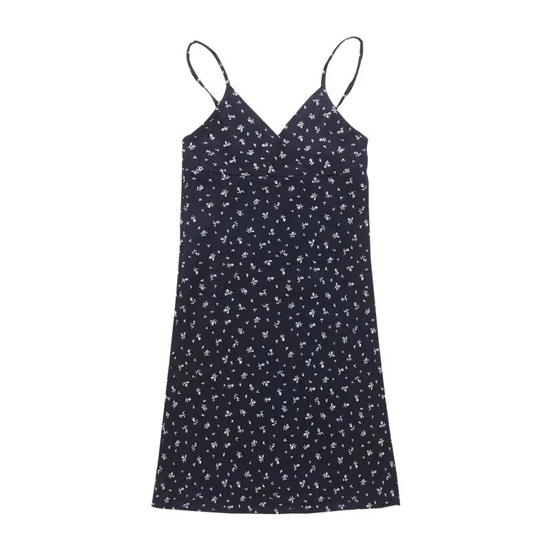 Y2K Vintage Floral Cross Cami Dress Women Slim Sleeveless V-Neck Summer Sexy Cute Backless Patry Black Mini Korean Dresses Woman