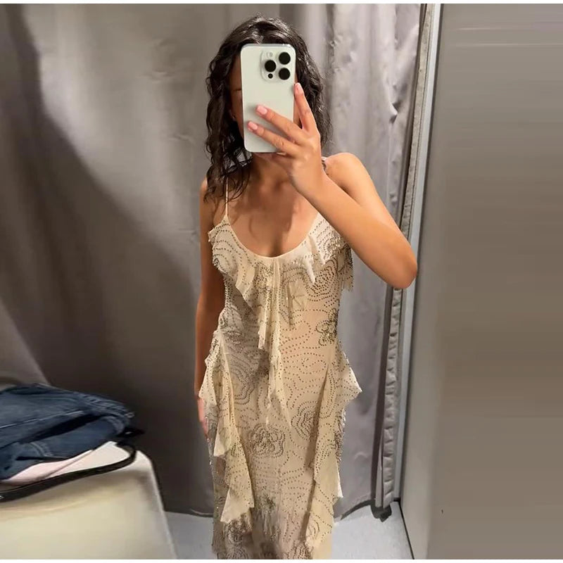 Sexy Beading Sequined Sling Long Dress Women Loose Solid V-neck Sleeveless Ruffled Shiny Dresses 2025 Summer Lady Evening Robes