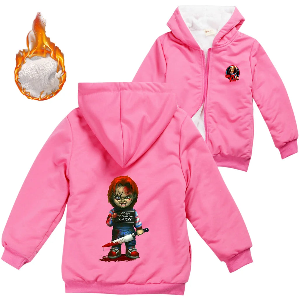 Child's Play Chucky Warm Winter Jacket For Boys Girls with Zipper Children Coat Thicken Hooded Sweater Kids Outerwear