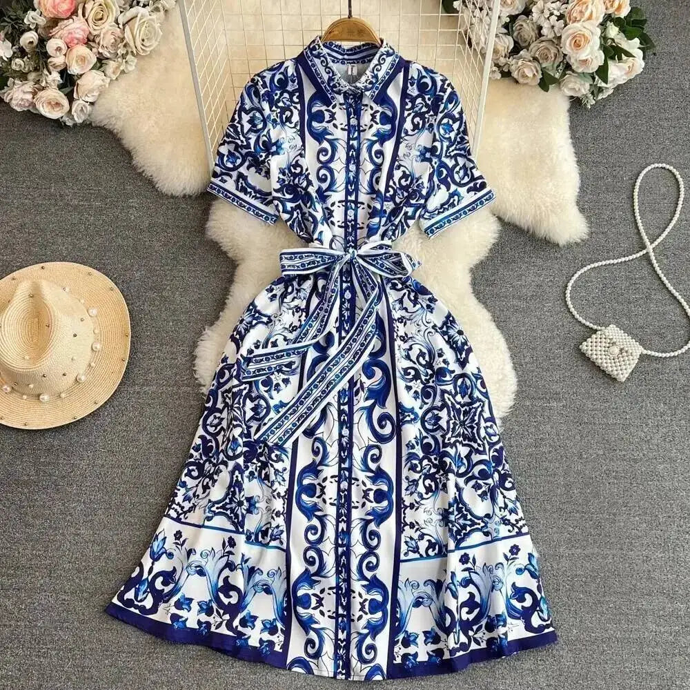 Fashion Summer Floral Long Dress Women Purple Porcelain Print Midi Dresses Shirt Single Breasted Office Lady Work Holiday Runway