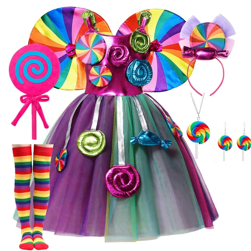 Girls Rainbow Lollipop Costume Princess Dress Purim Festival Candy Vestido Fancy Carnival Birthday Children Fantasy Wings Outfit