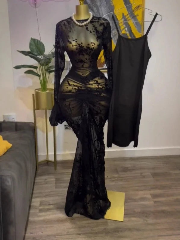 CM.YAYA Women Flare Long Sleeve Stacked Dot Mesh See Though with Lining Maxi Long Dress 2025 Evening Birthday Sexy Party Dresses