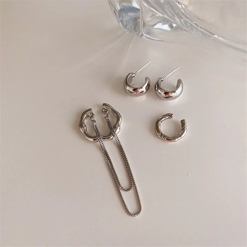 4PCS/SET New Design Gold Silver Color Metal Geometric Irregular Tassel Chain Clip Earrings for Women Non Pierced Ear Cuff 2023