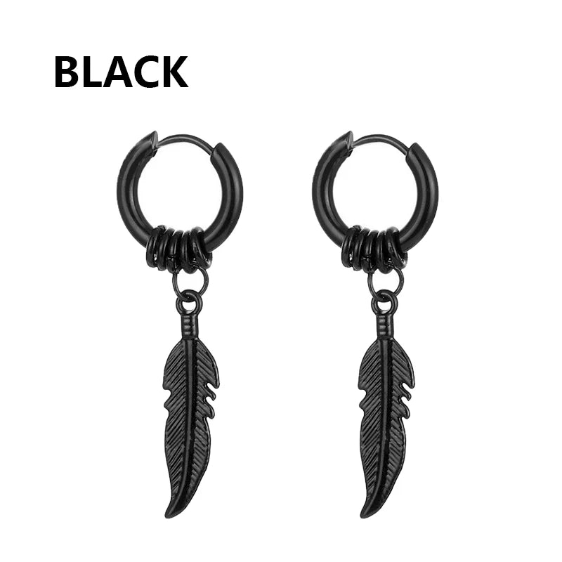 Black Punk Stainless Steel Women Men Hoop Earrings Small Trendy Round Cross Pendants Jewelry Accessories Earrings