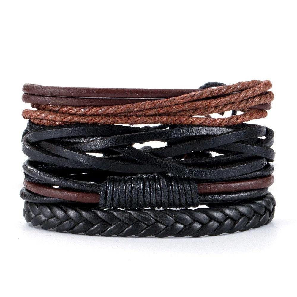 4Pcs/ Set Braided Wrap Leather Bracelets For Men Vintage Life Tree Rudder Charm Wood Beads Ethnic Tribal Wristbands