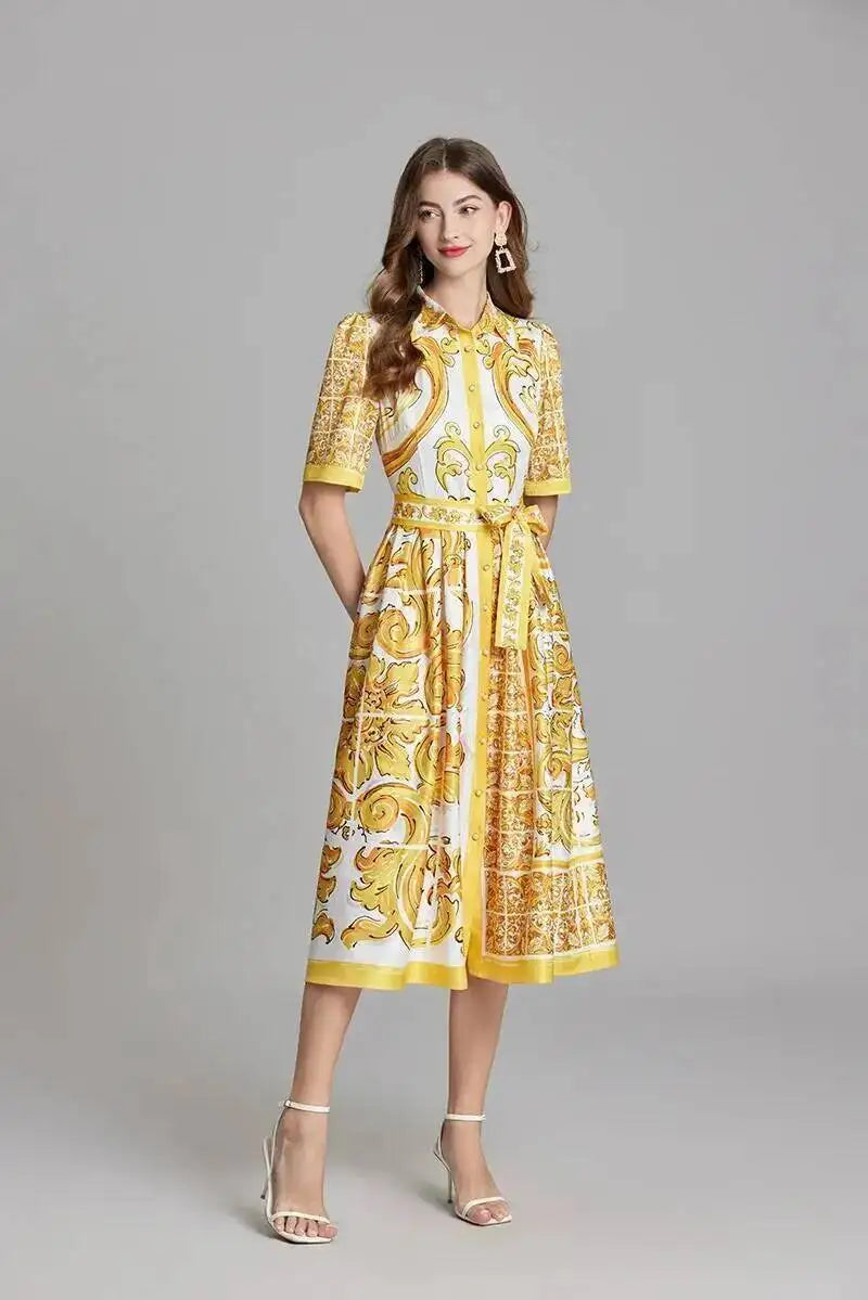 Fashion Summer Floral Long Dress Women Purple Porcelain Print Midi Dresses Shirt Single Breasted Office Lady Work Holiday Runway
