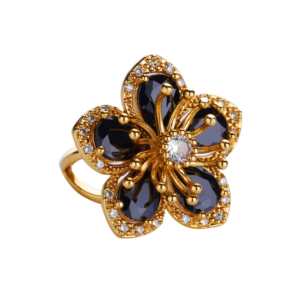 Colorful Zircon Flower Rings For Women Gold Color Stainless Steel Floral Ring Elegant Luxury Wedding Aesthetic Jewelry Gift