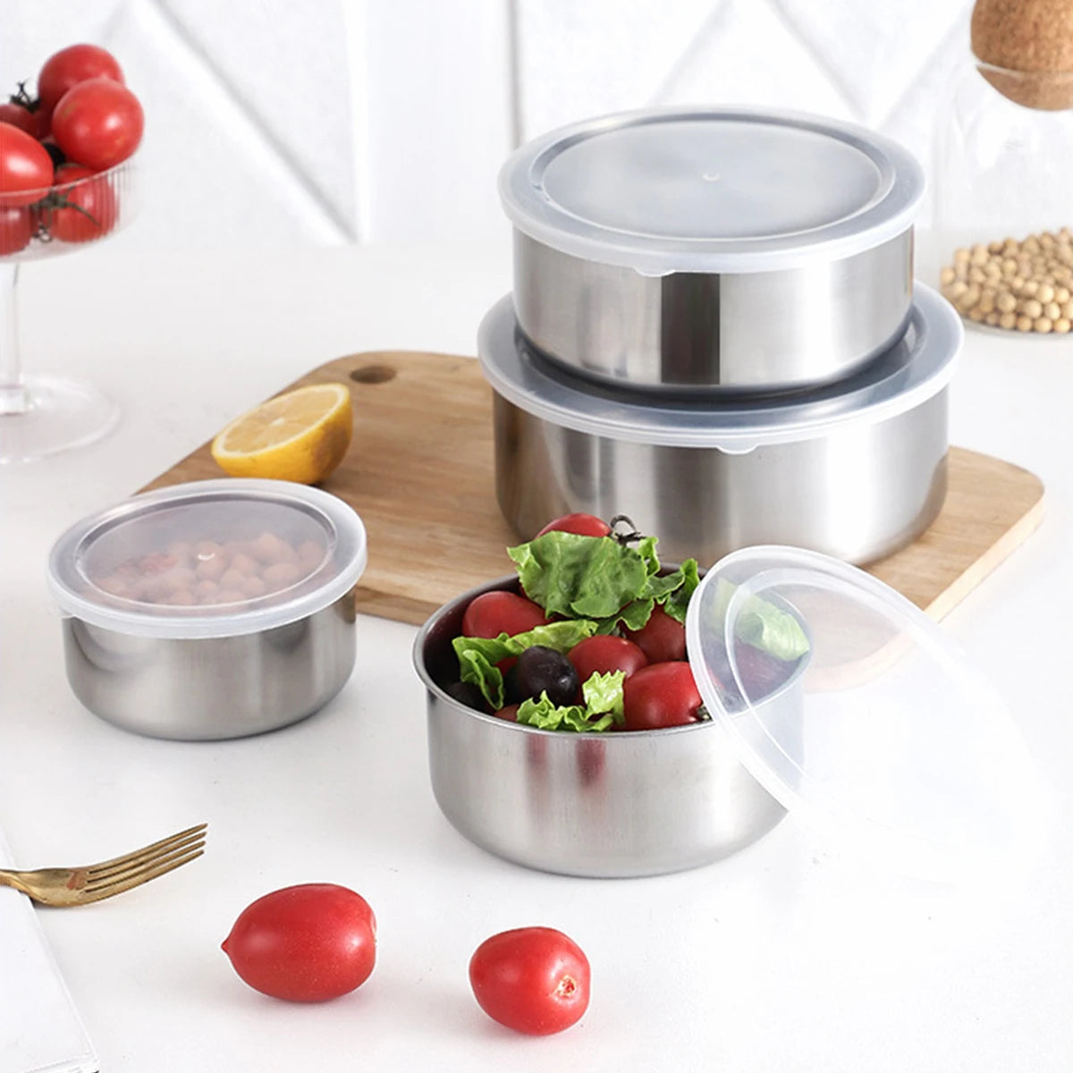 5Pcs Mixing Bowls with Lids Stainless Steel Reusable Snack Container Food Bowl Set Stackable Cooking Bowls For Kitchen School