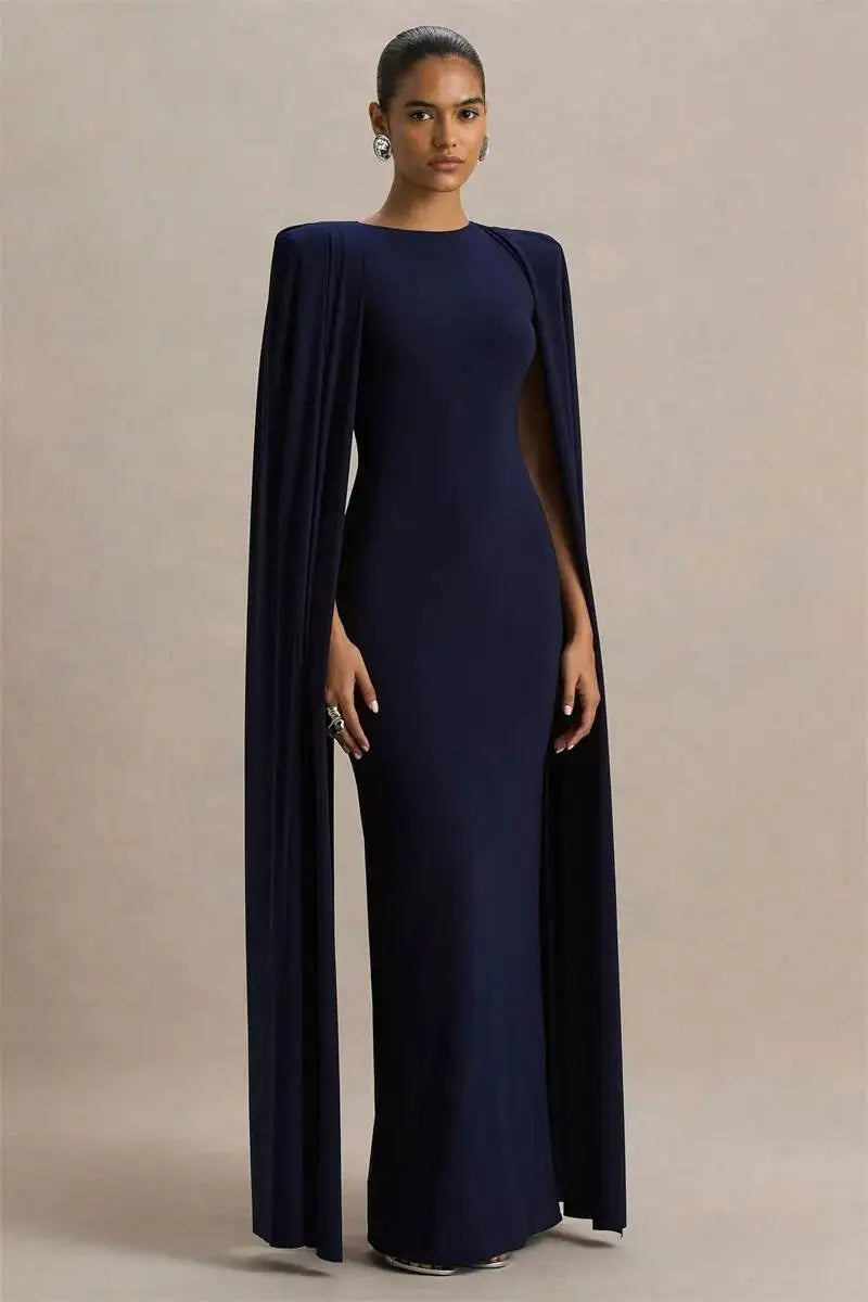 Blifanbo Sexy Cape Sleeve Maxi Dress Women Gown Fashion O Neck High Waist Split Zipper Club Party Long Dresses Female Elegant