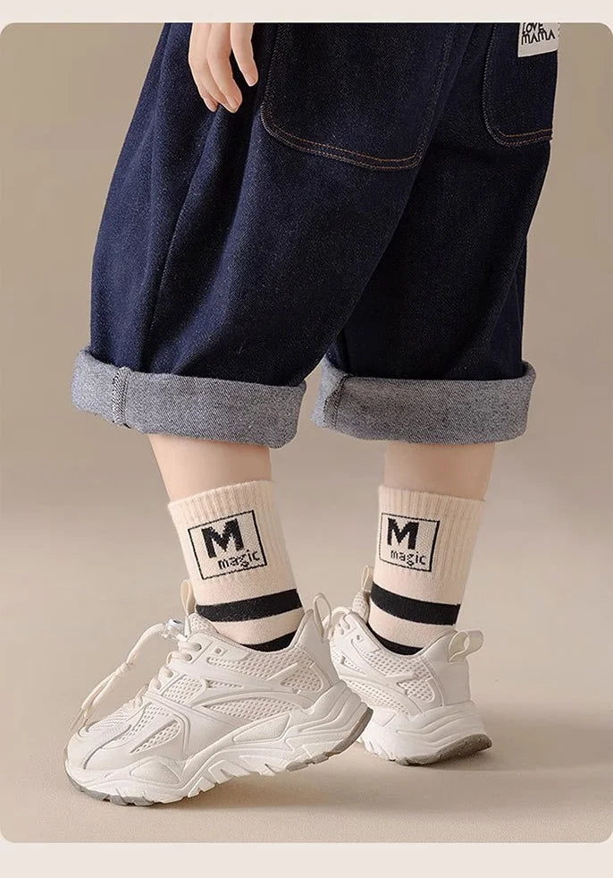 5 pairs Spring Socks Kids Cotton Socks Mid Calf Socks Striped Letter Pattern Children Sporty Socks Boys Socks