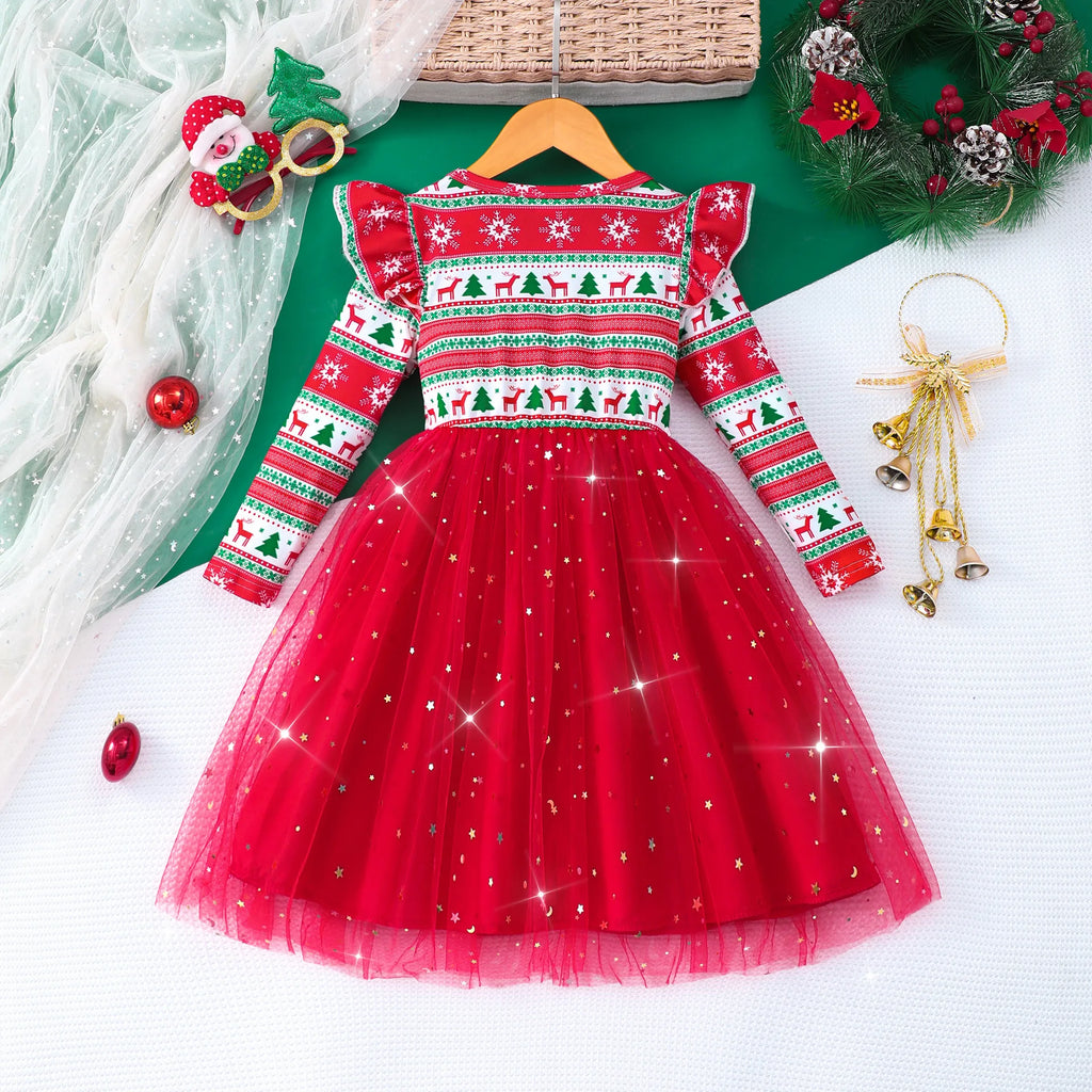 4-7Y Kids Christmas Dresses For Girls Bow Green Xmas Tree Hoodies Dress For New Year Kids Girl Evening Dress Festival Clothing
