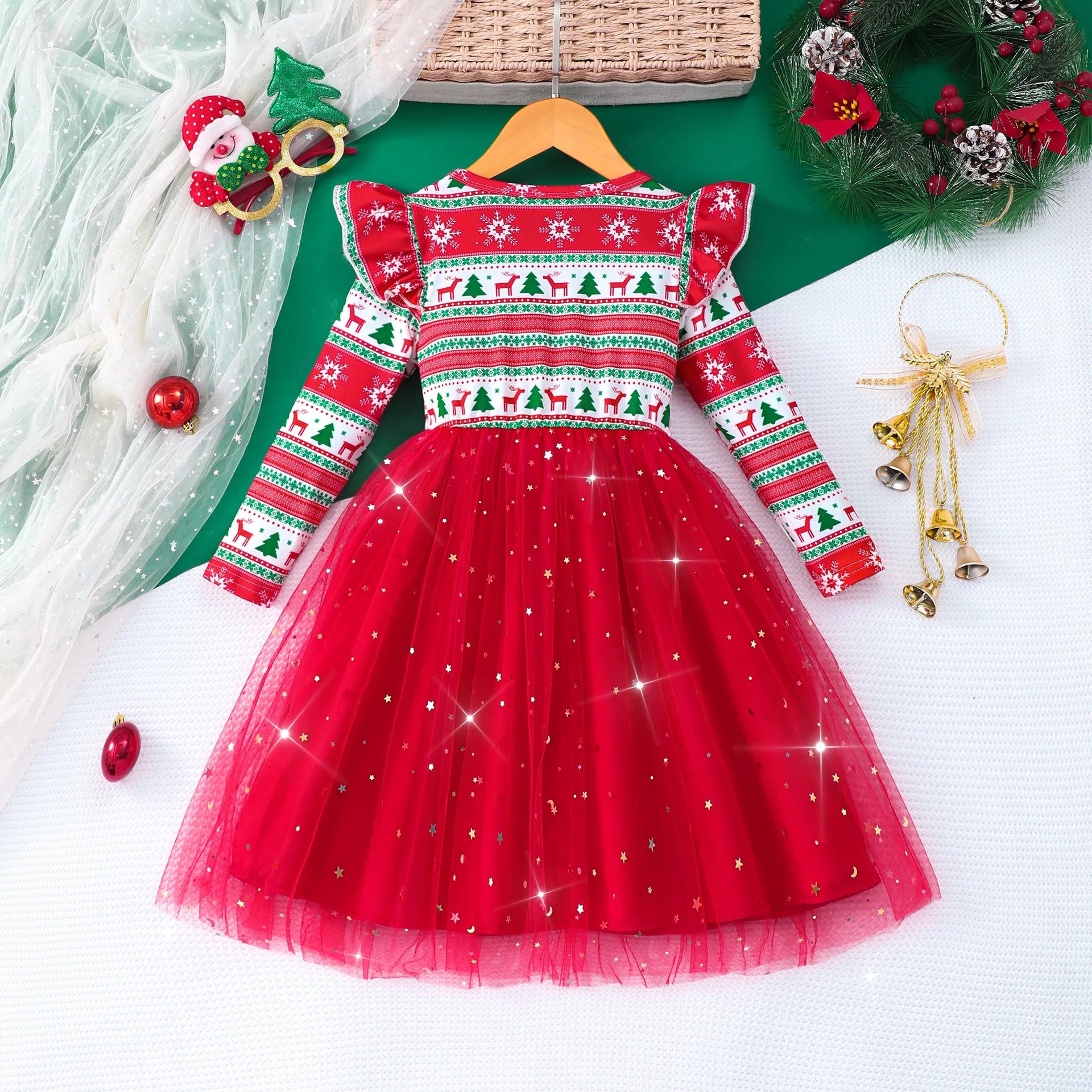 4-7Y Kids Christmas Dresses For Girls Bow Green Xmas Tree Hoodies Dress For New Year Kids Girl Evening Dress Festival Clothing