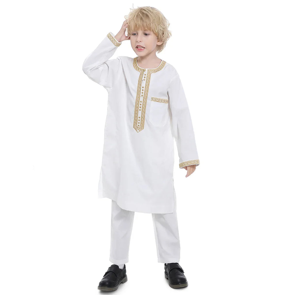 Muslim Children Robe 2 Pieces Set Kids Boy Round Neck Long Sleeve Printed Dress Shirt Abaya Kaftan Jubba Thobe Islamic Clothing