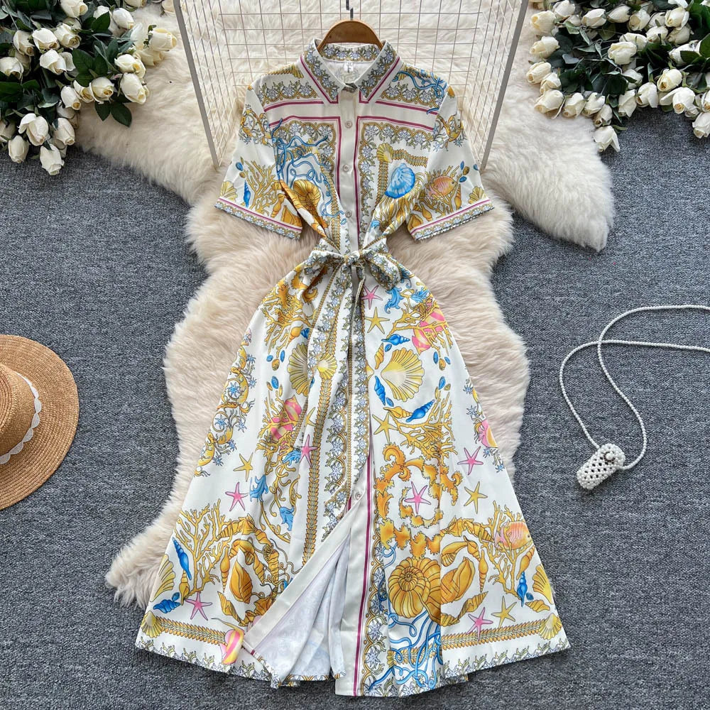 Fashion Summer Floral Long Dress Women Purple Porcelain Print Midi Dresses Shirt Single Breasted Office Lady Work Holiday Runway
