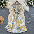 Fashion Summer Floral Long Dress Women Purple Porcelain Print Midi Dresses Shirt Single Breasted Office Lady Work Holiday Runway