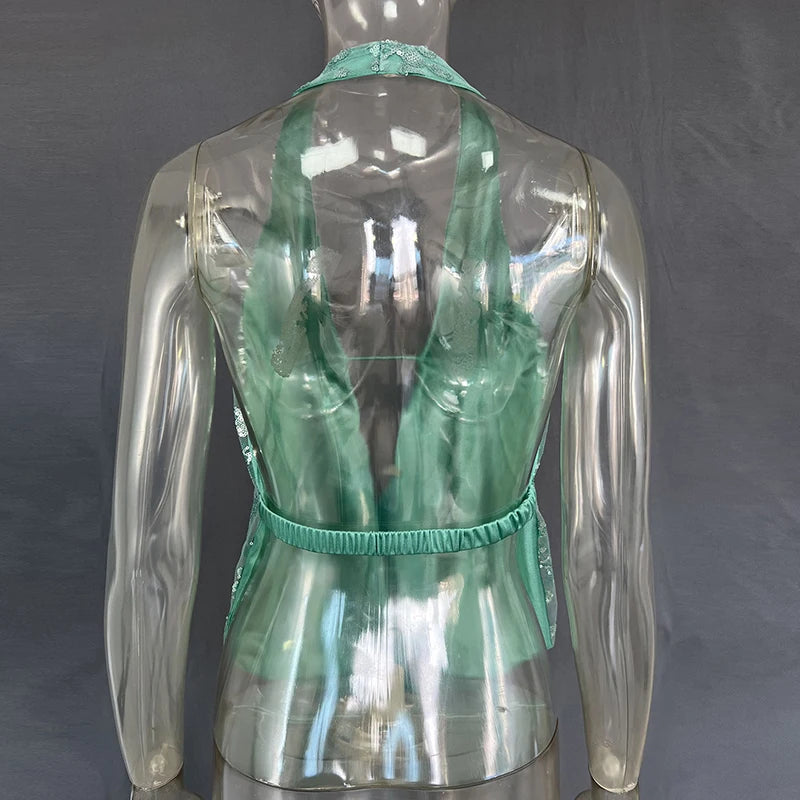 DGLUKE Green Sequin Top Women V-Neck Backless Crop Tops Summer Halter Neck Tank Top Camisole Sexy Glitter Shiny Club Party Tops