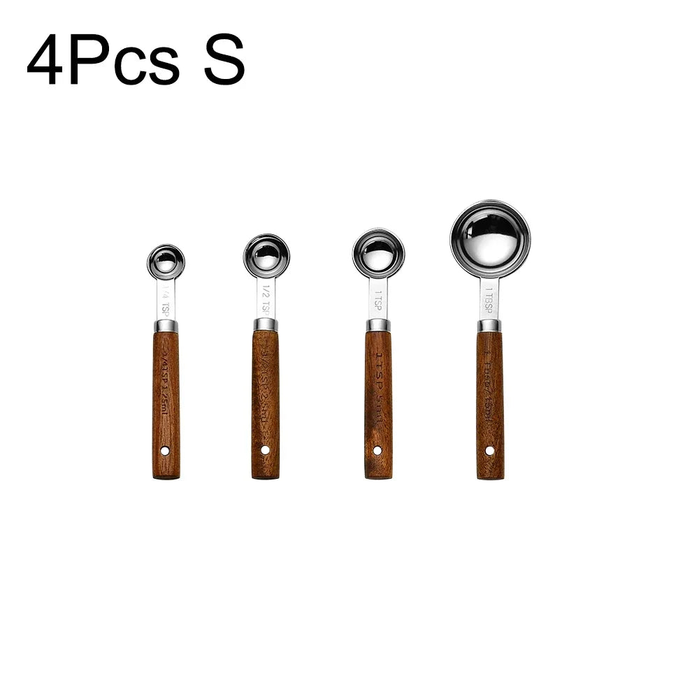 1/4/8pcs Stainless Steel Measuring Spoons With Scale Wooden Handle Household Kitchen Dining Bar Baking Tools Measuring Cups