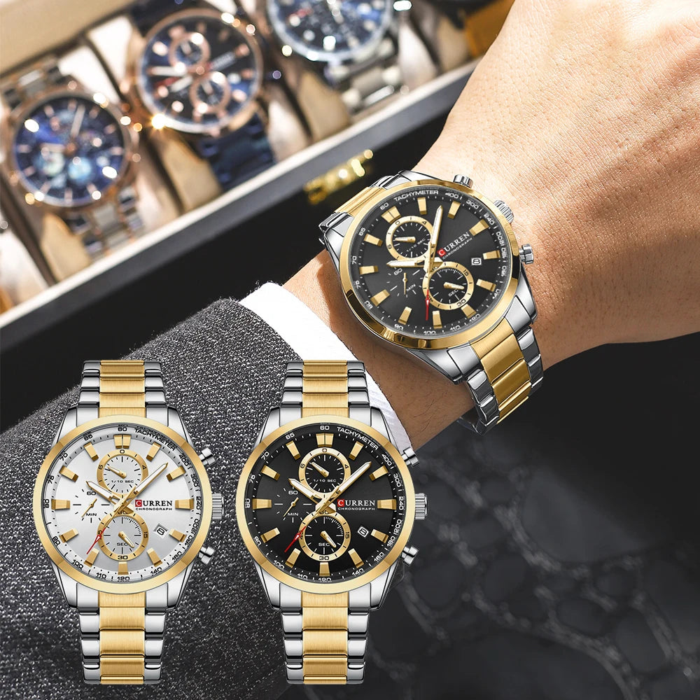 CURREN Casual Sporty Brand Stainless Steel Band Wristwatches for Men  Chronograph Quartz Watches with Date New 8445
