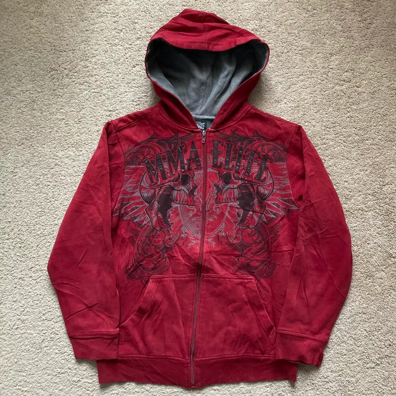 2024 New American Vintage Y2k MMA Elite Zip Up Hoodie Size Small Skull Wing Graphic Men Street Hip Hop Casual Sweatshirt Unisex